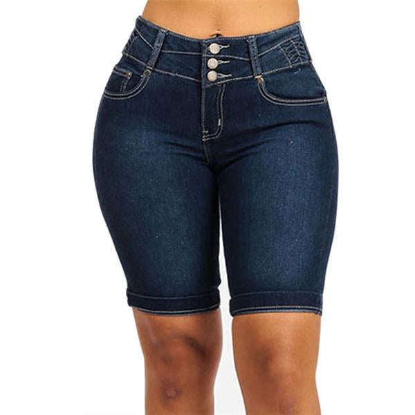 Mid Rise Buttons Stretch Denim Shorts - Clearance Sale