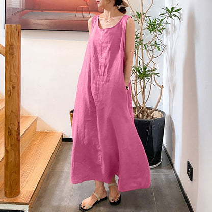 Cotton and Linen Round Neck Sleeveless Maxi Dress