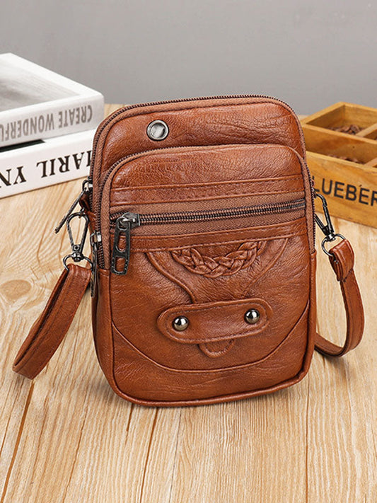 Vintage-Inspired Studded Washed Leather Crossbody Bag