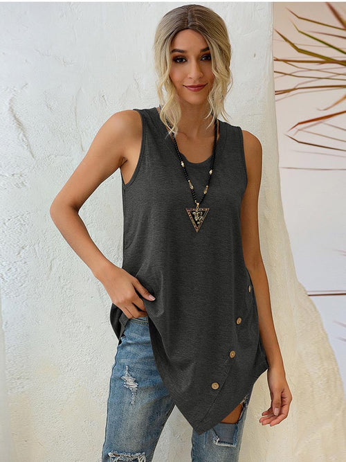Buttoned Asymmetrical Hem Sleeveless V-neck Shirt
