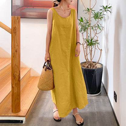 Cotton and Linen Round Neck Sleeveless Maxi Dress