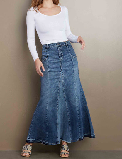 Stretch Slimming A-Line Jean Maxi Skirt - Clearance Sale