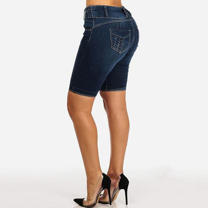 Mid Rise Buttons Stretch Denim Shorts - Clearance Sale