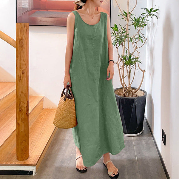 Cotton and Linen Round Neck Sleeveless Maxi Dress
