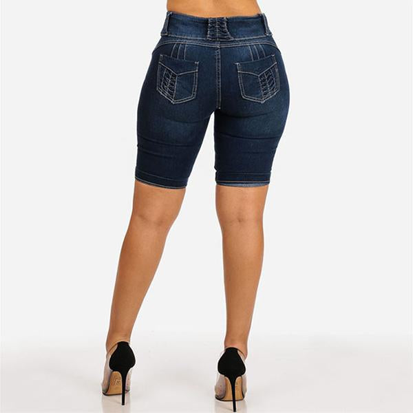 Mid Rise Buttons Stretch Denim Shorts - Clearance Sale