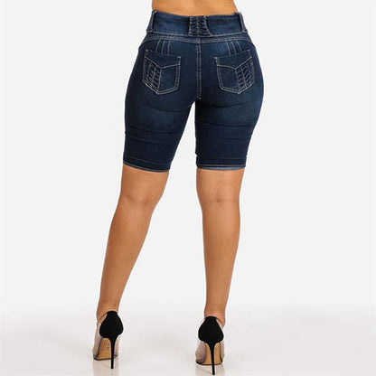 Mid Rise Buttons Stretch Denim Shorts - Clearance Sale