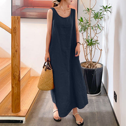 Cotton and Linen Round Neck Sleeveless Maxi Dress