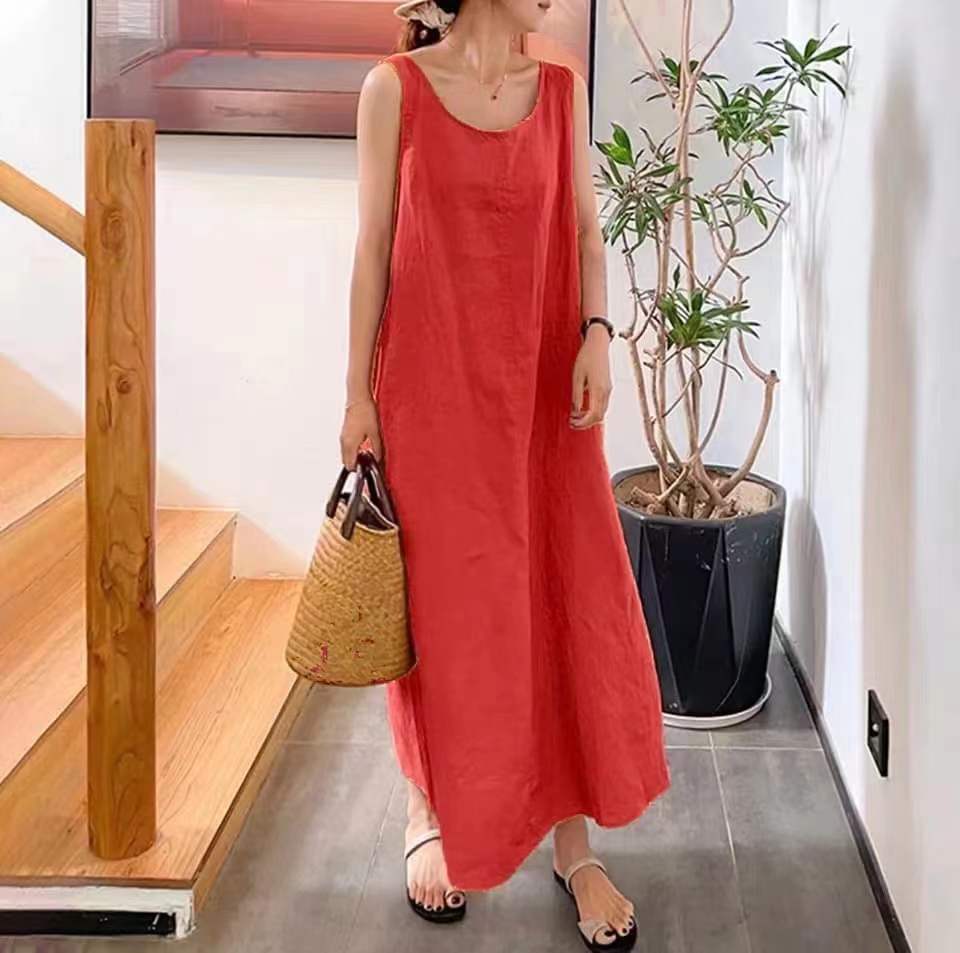 Cotton and Linen Round Neck Sleeveless Maxi Dress
