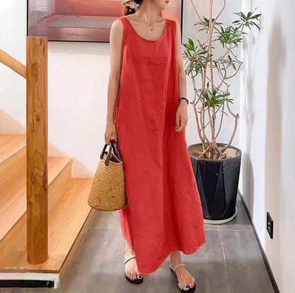 Cotton and Linen Round Neck Sleeveless Maxi Dress