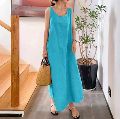 Cotton and Linen Round Neck Sleeveless Maxi Dress