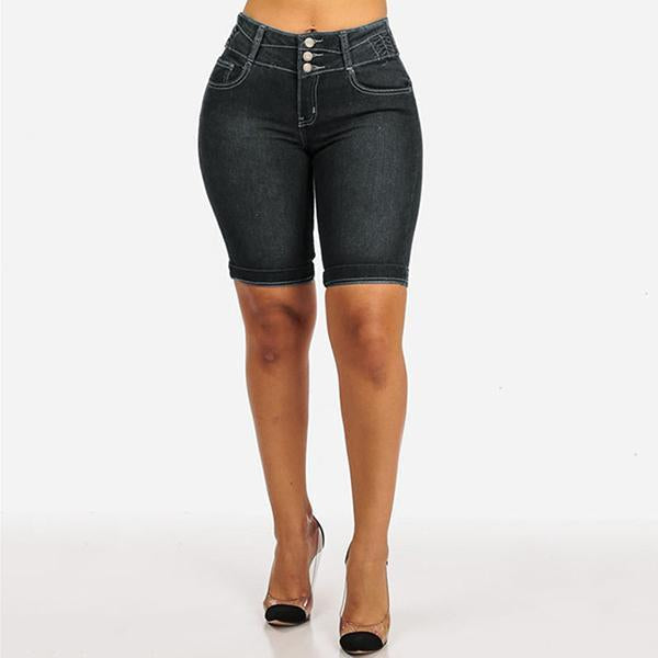 Mid Rise Buttons Stretch Denim Shorts - Clearance Sale
