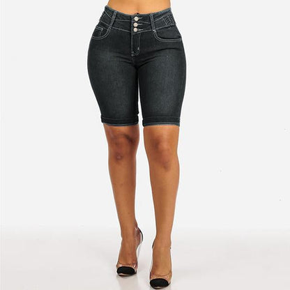 Mid Rise Buttons Stretch Denim Shorts - Clearance Sale