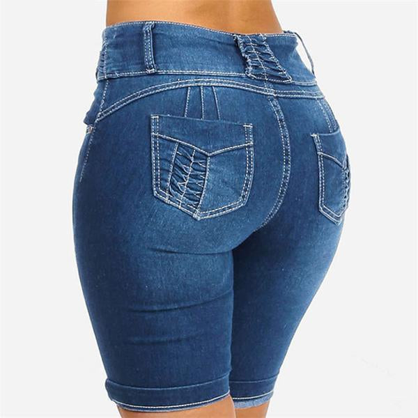 Mid Rise Buttons Stretch Denim Shorts - Clearance Sale