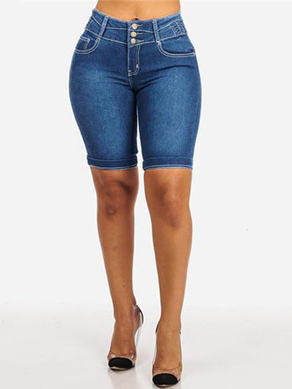 Mid Rise Buttons Stretch Denim Shorts - Clearance Sale