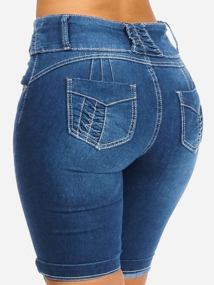Mid Rise Buttons Stretch Denim Shorts - Clearance Sale