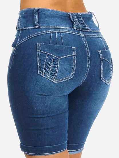 Mid Rise Buttons Stretch Denim Shorts - Clearance Sale