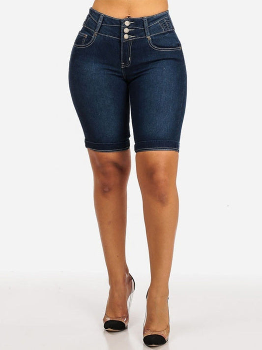 Mid Rise Buttons Stretch Denim Shorts - Clearance Sale