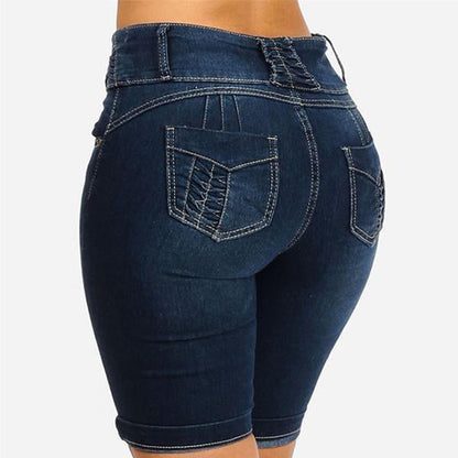 Mid Rise Buttons Stretch Denim Shorts - Clearance Sale