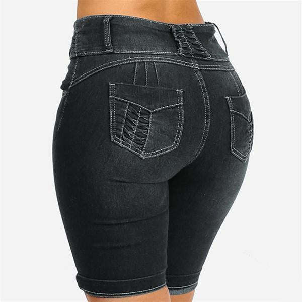 Mid Rise Buttons Stretch Denim Shorts - Clearance Sale
