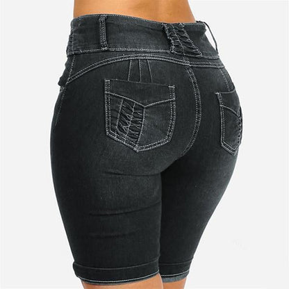 Mid Rise Buttons Stretch Denim Shorts - Clearance Sale