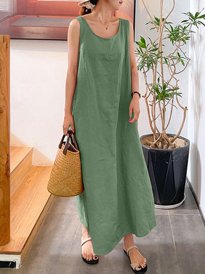Cotton and Linen Round Neck Sleeveless Maxi Dress